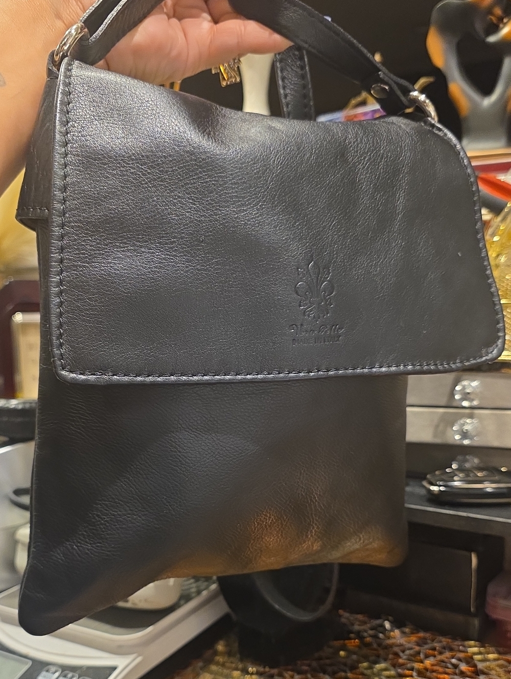 Vera Pelle Black Leather Messenger with Top Handle